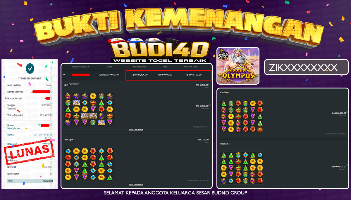 BUDI4D JACKPOT SLOT PRAGMATIC GATES OF OLYMPUS Rp.1.610.000,- LUNAS